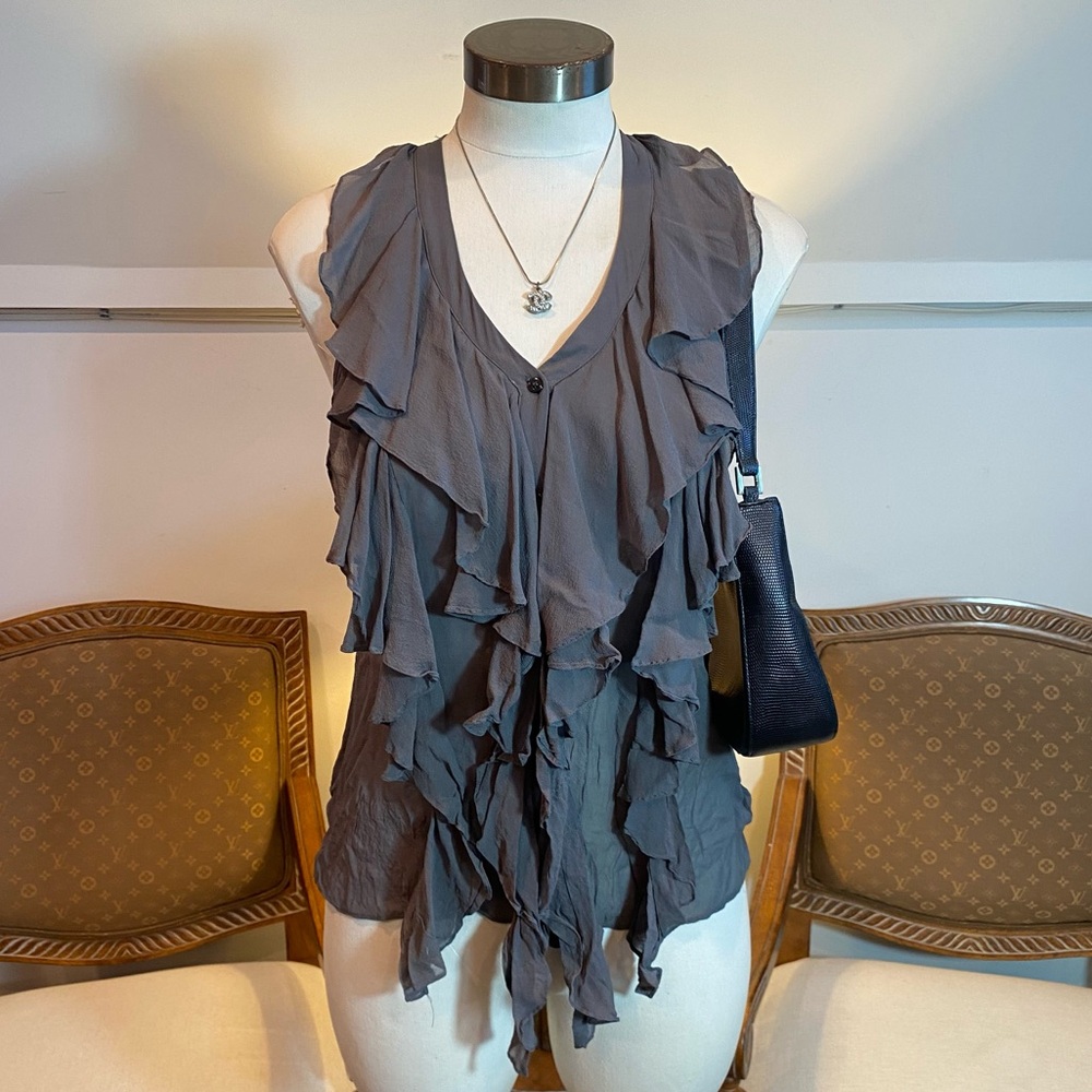 Boston Proper Chic Gray Ruffled 100% Silk Sleeveless Top, Women's Small, Fairy
